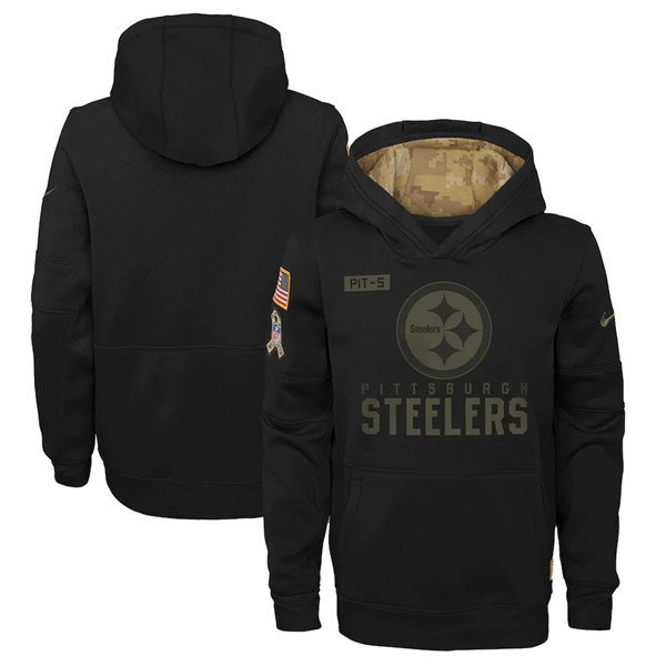 Youth Pittsburgh Steelers Black Salute To Service Sideline Performance Pullover Hoodie 2020